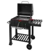 A black charcoal grill with its lid open, shown on a white background. Dimensions are indicated with red lines and text. Produktbild-Vorschau