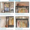 Collage of images showcasing a black metal garment rack with various clothing and storage items, highlighting its features like shelves, hanging rods, and hooks. Voir les images du produit