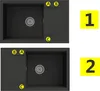 Two different configurations of a black kitchen sink with a drainboard, labeled with numbers 1 and 2, and letters A, B, and C. Podgląd zdjęcia produktu
