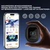 A hand holding a small black device next to a smartphone displaying an app. Produktbild-Vorschau