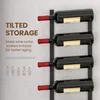 A wall-mounted wine rack holding several bottles of wine, with text overlay describing its features. Náhled obrázku produktu