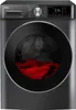 A front view of a black Amica washing machine with red laundry inside the drum. Produktbild-Vorschau