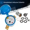 A water meter and its accessories are displayed against a dark blue and white background. Produktbild-Vorschau