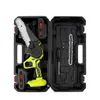 A black carrying case with a yellow and black mini chainsaw, two batteries, and extra chain inside. Produktbild-Vorschau