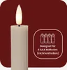 A close-up of a battery-operated LED candle with a graphic indicating battery requirements. Produktbild-Vorschau