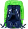 The back of a blue backpack with a bright green rain cover. The backpack has straps and buckles visible. Produktbild-Vorschau
