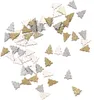 A scattered collection of small, glitter-covered wooden Christmas tree cutouts in white, silver, and gold. Produktbild-Vorschau