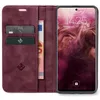A burgundy flip-style phone case is open, revealing card slots and a phone screen displaying the time and date. Produktbild-Vorschau