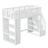 A white loft bed with integrated shelves and stairs, shown against a white background. Produktbild-Vorschau