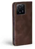 A brown flip case for a smartphone, shown from the side with the camera module visible. Produktbild-Vorschau
