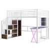 A white metal loft bed with integrated stairs, shelves, and a desk. Produktbild-Vorschau