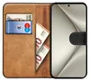 A book-style phone case with slots for cards and cash, shown open to reveal the interior. Produktbild-Vorschau