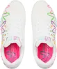 A top-down view of a pair of white Skechers sneakers with colorful abstract designs. Anteprima dell’immagine prodotto