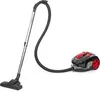 A modern, bagless canister vacuum cleaner with a hose and floor head is displayed against a white background. Voir les images du produit
