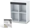 Two white cube storage units of different sizes, one larger and one smaller, displayed against a white background. The smaller unit has books and framed pictures on its shelves. Produktbild-Vorschau