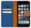 A flip case wallet for an iPhone is shown open, displaying the phone's screen and the wallet's card slots. Produktbild-Vorschau
