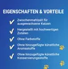 A blue background with white text listing product features and benefits, accompanied by checkmarks and paw print icons. Produktbild-Vorschau
