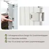 A split image showing a hand interacting with a white folding storage box on the left, and a close-up of the box's latch mechanism on the right. Below the images are bullet points with German text describing features. Produktbild-Vorschau