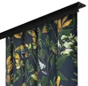 A close-up view of dark blue curtains with a floral pattern of green and yellow leaves and white flowers, hanging from a black curtain rod. Produktbild-Vorschau
