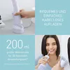 A collage of images showcasing a white water flosser, its charging base, and a woman using it. Text highlights features like wireless charging and water tank capacity. Anteprima dell’immagine prodotto