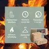 A marketing graphic overlaid on a background of burning logs and flames, detailing the features of wood briquettes. Produktbild-Vorschau