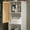 A white cabinet with a wooden door open, showing shelves with bottles and a basket. Voir les images du produit