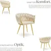 A collage of images showcasing a beige upholstered chair with gold legs, highlighting its design and comfort. Produktbild-Vorschau