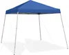 A blue pop-up canopy tent with silver metal poles and guy ropes, set up on a white background. Produktbild-Vorschau