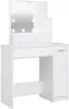 A white vanity table with a lighted mirror and storage cabinet. Produktbild-Vorschau