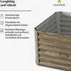 A close-up view of a raised garden bed with a wood-look exterior and a corrugated metal interior, with text describing its features on the left side. Produktbild-Vorschau
