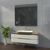 A modern bathroom vanity with a sink and mirror, set against a tiled wall. Produktbild-Vorschau