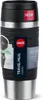 A black and silver travel mug with a textured grip and a label attached. Produktbild-Vorschau