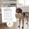 A dog holding a food bowl in a kitchen setting, with a sign showing feeding recommendations. Produktbild-Vorschau