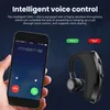A hand holding a smartphone displaying an incoming call, next to a black wireless earbud. Text describes the earbud's features. Produktbild-Vorschau