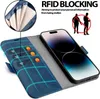 A blue flip case for an iPhone 14 Pro, showing card slots and RFID blocking technology. Anteprima dell’immagine prodotto