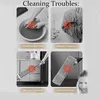 Collage mit häufigen Reinigungsproblemen: Handwäsche eines Wischtuchs, Schwierigkeiten beim Entfernen von Haaren aus einem Wischmopp mit Fransen und Schwierigkeiten beim Entfernen von Haaren aus einem Flachwischer Anteprima dell’immagine prodotto