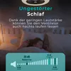 A girl sleeping in a bed with text and a sound level comparison graphic overlay. Produktbild-Vorschau