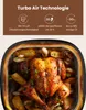 A roasted chicken with potatoes and mushrooms in an air fryer, with text highlighting its features. Produktbild-Vorschau