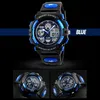 A product shot of a blue and black digital sports watch, with smaller inset images of the watch. Produktbild-Vorschau