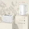 A white toaster and a white kettle are displayed on pedestals, with dimensions and capacity information overlaid. Produktbild-Vorschau
