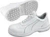 A pair of white Puma safety shoes, one shown from the side and the other from underneath. Produktbild-Vorschau