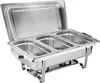 A stainless steel chafing dish with three compartments, its lid open. Produktbild-Vorschau