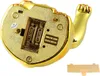 The underside of a golden lucky cat figurine, showing the battery compartment and some text. Produktbild-Vorschau