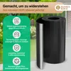 A roll of black rhizome barrier is shown in front of a garden setting with text overlays describing its features. Produktbild-Vorschau