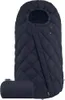 A navy blue quilted footmuff is shown against a white background, with a smaller rolled-up version of the footmuff to the left. Produktbild-Vorschau