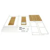 Disassembled parts of a shelving unit, including metal frames and wooden shelves, laid out on a white background. Podgląd zdjęcia produktu
