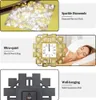 Collage of images showcasing a gold mirrored clock with diamond accents, a sleeping woman, and the back of the clock. Voir les images du produit