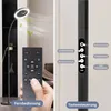 A split image showing a floor lamp with a fan and light on the left, and a close-up of the lamp's control panel and a remote control on the right. Anteprima dell’immagine prodotto