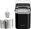 A black ice maker with a silver top and clear lid, shown with a white ice scoop and a white ice bin. Náhled obrázku produktu