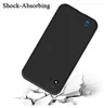 A black phone case is shown falling onto a cracked surface, illustrating its shock-absorbing feature. Produktbild-Vorschau